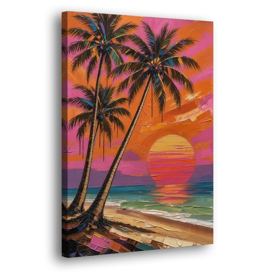 Retro Beach Wall Art with Palm Trees at Sunset - Canvas Wall Art - Side
