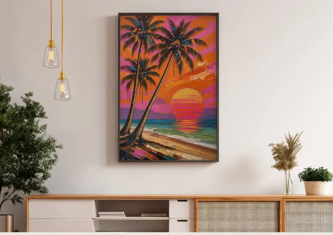 Retro Beach Wall Art with Palm Trees at Sunset canvas wall art above a wooden sideboard under pendant lights