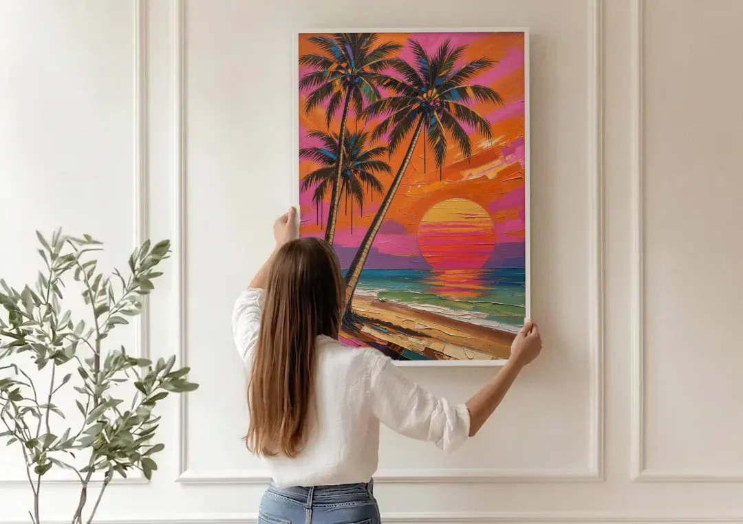 Retro Beach Wall Art with Palm Trees at Sunset canvas wall art being hung on a paneled wall