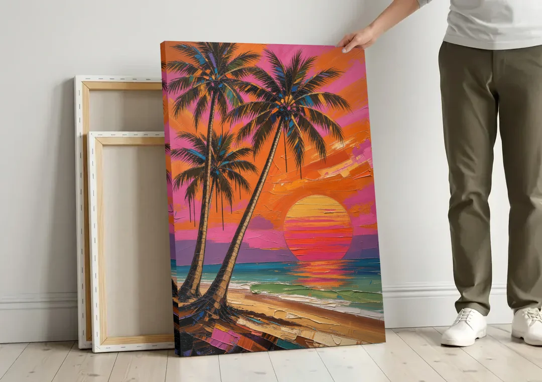 Retro Beach Wall Art with Palm Trees at Sunset canvas wall art leaning against a wall next to blank canvases
