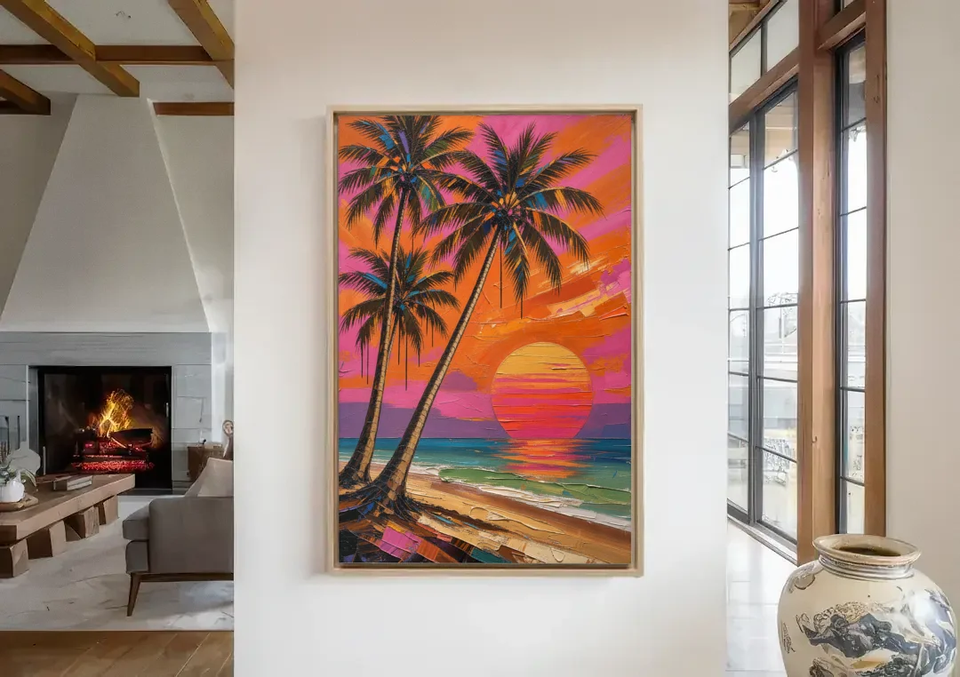 Retro Beach Wall Art with Palm Trees at Sunset canvas wall art in a living room with a fireplace