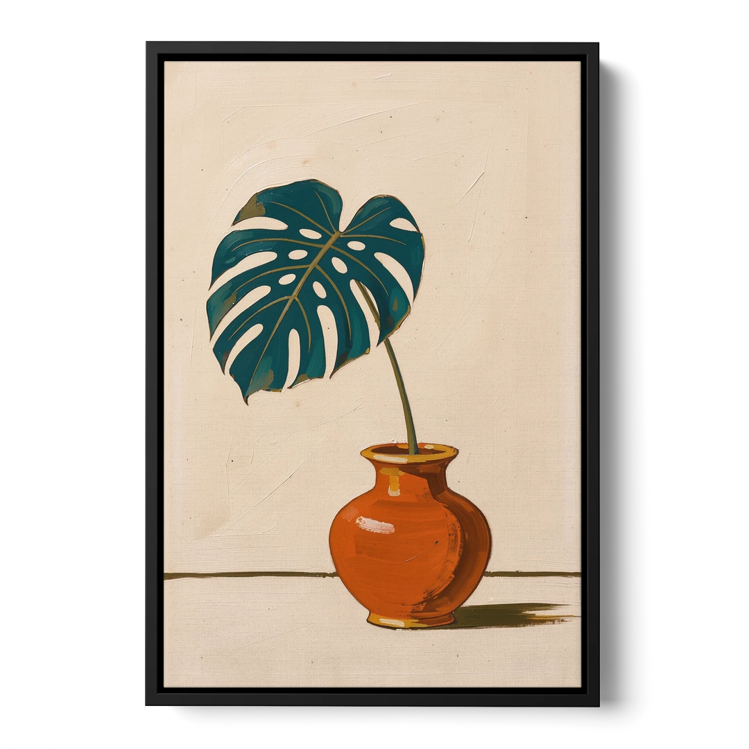 Retro Botanical Prints Monstera Leaf in a Clay Vase - Black Framed Canvas Wall Art - Front