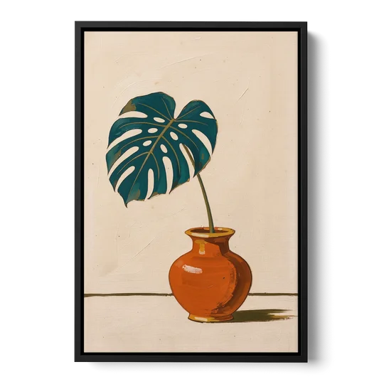 Retro Botanical Prints Monstera Leaf in a Clay Vase - Black Framed Canvas Wall Art - Front