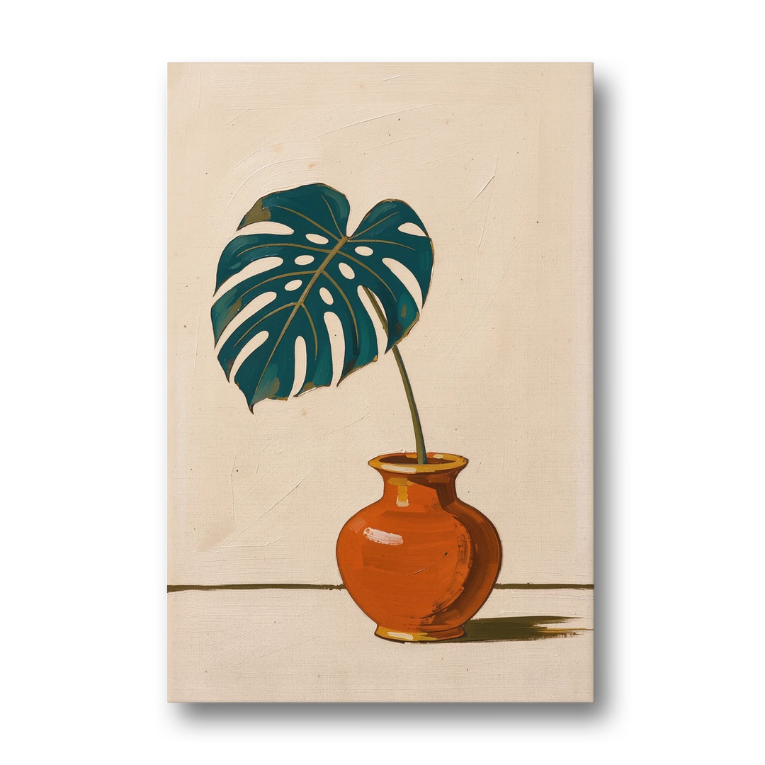 Retro Botanical Prints Monstera Leaf in a Clay Vase - Canvas Wall Art - Front