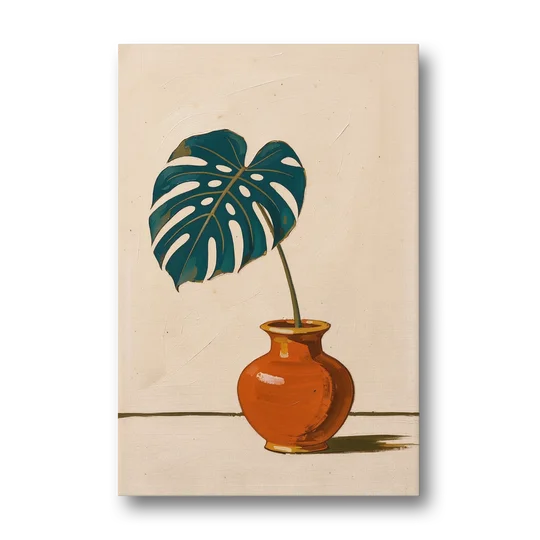 Retro Botanical Prints Monstera Leaf in a Clay Vase - Canvas Wall Art - Front