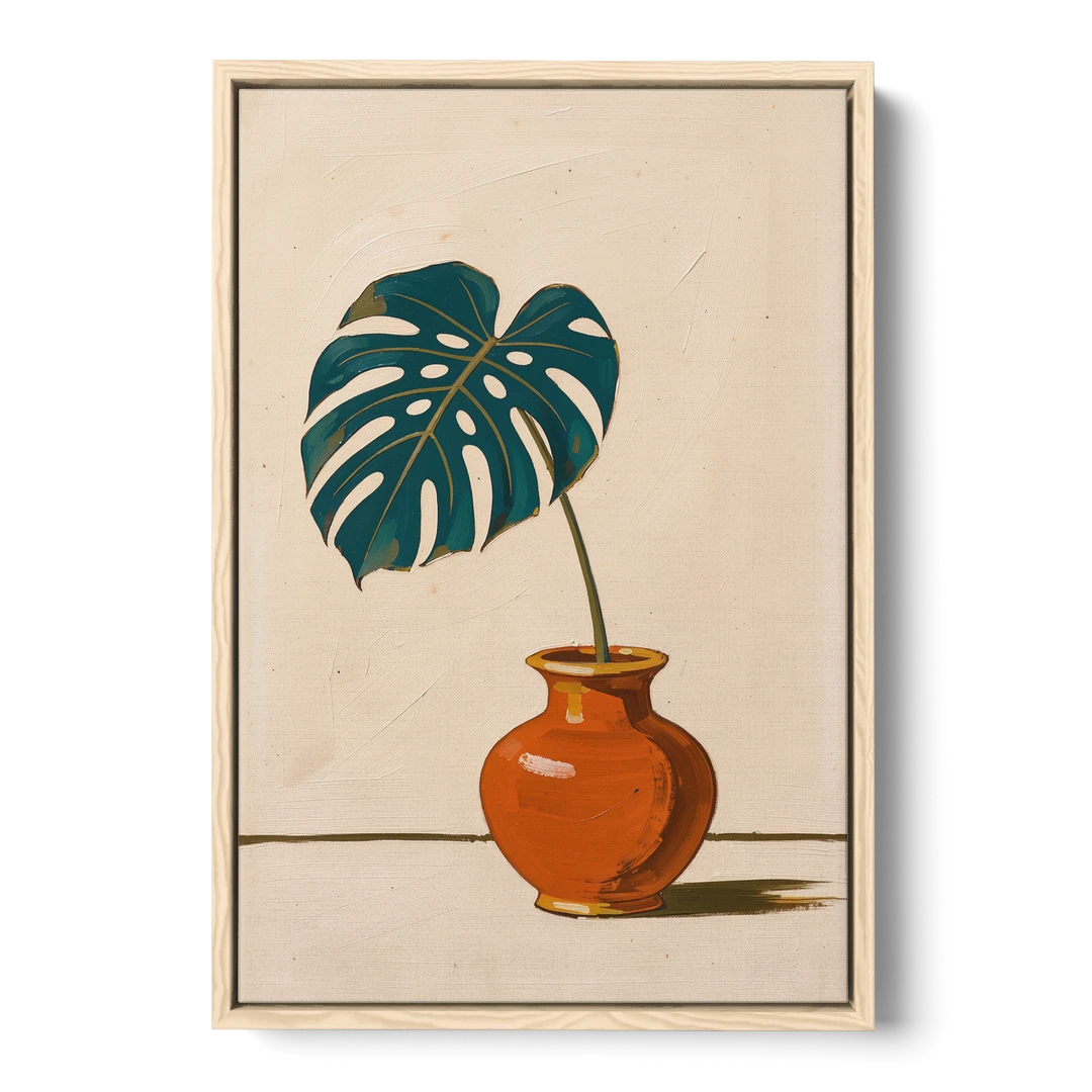 Retro Botanical Prints Monstera Leaf in a Clay Vase - Oak Framed Canvas Wall Art - Front