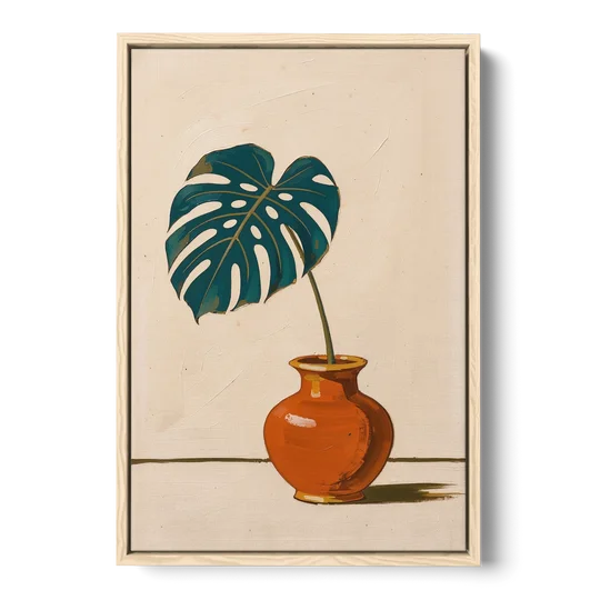 Retro Botanical Prints Monstera Leaf in a Clay Vase - Oak Framed Canvas Wall Art - Front