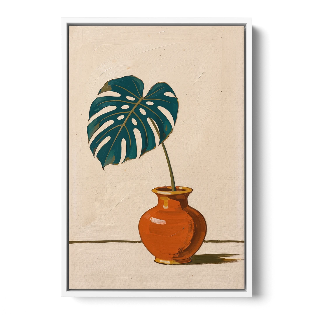 Retro Botanical Prints Monstera Leaf in a Clay Vase - White Framed Canvas Wall Art - Front