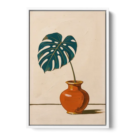 Retro Botanical Prints Monstera Leaf in a Clay Vase - White Framed Canvas Wall Art - Front