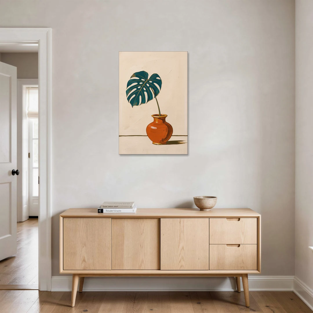 Retro Botanical Prints Monstera Leaf in a Clay Vase - Canvas Wall Art - Coffee Table - 24x36