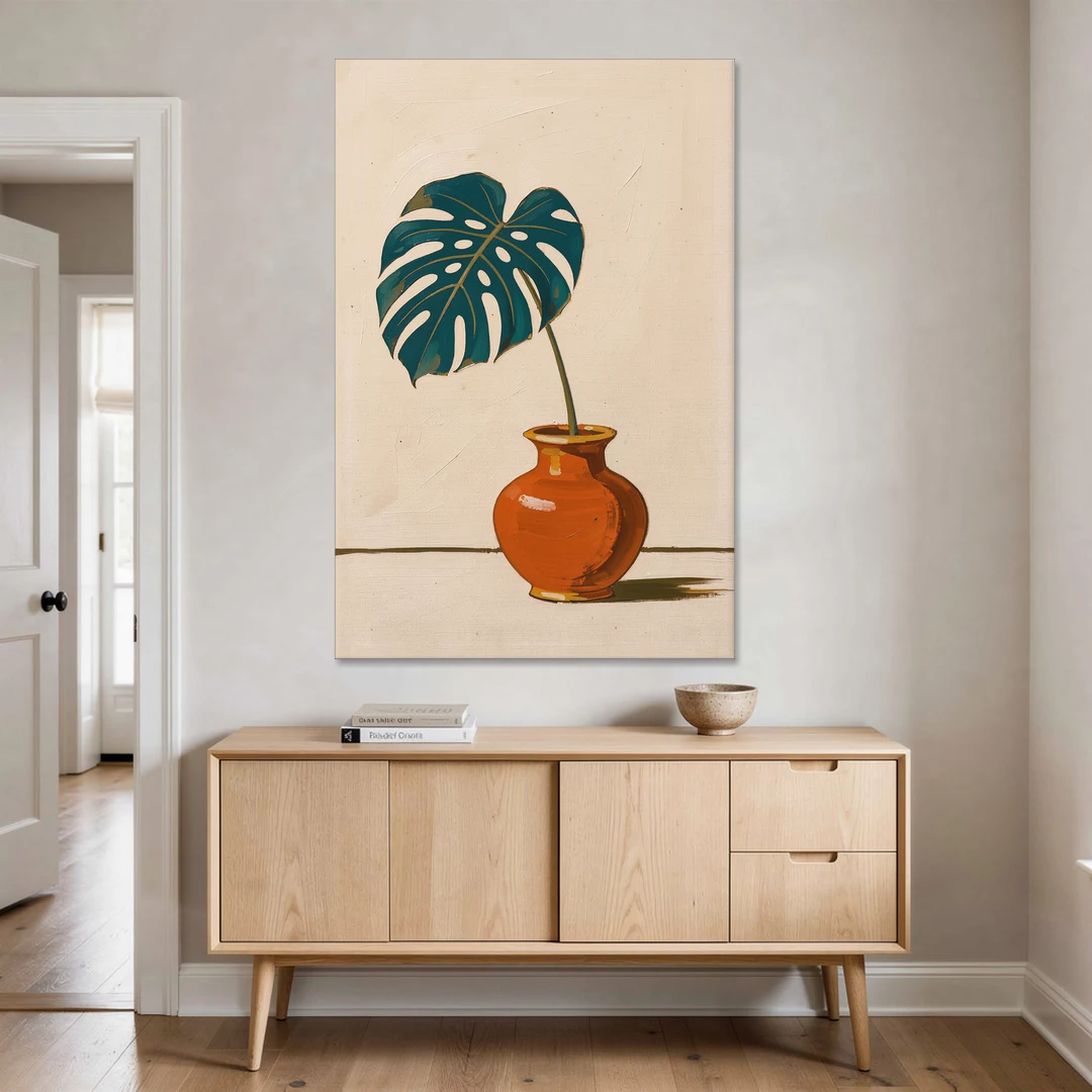 Retro Botanical Prints Monstera Leaf in a Clay Vase - Canvas Wall Art - Coffee Table - 40x60