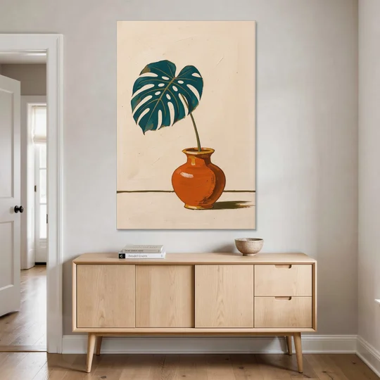 Retro Botanical Prints Monstera Leaf in a Clay Vase - Canvas Wall Art - Coffee Table - 40x60