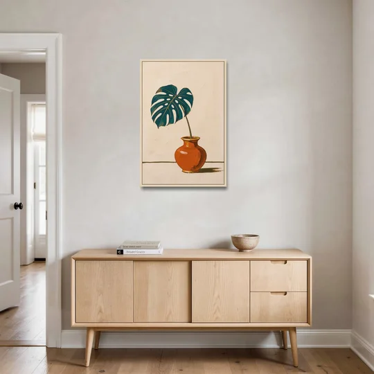 Retro Botanical Prints Monstera Leaf in a Clay Vase - Oak Framed Canvas Wall Art - Coffee Table - 24x36