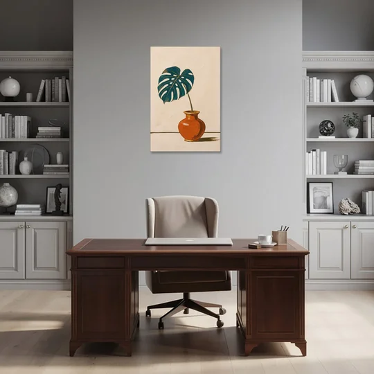 Retro Botanical Prints Monstera Leaf in a Clay Vase - Canvas Wall Art - Office - 24x36