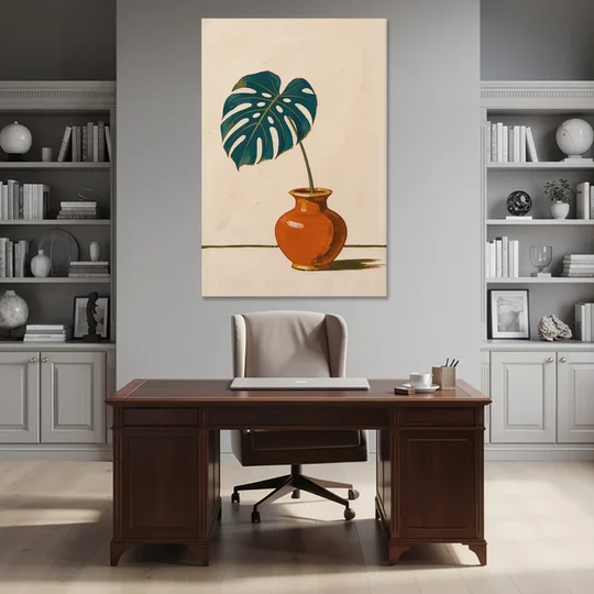 Retro Botanical Prints Monstera Leaf in a Clay Vase - Canvas Wall Art - Office - 40x60