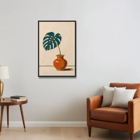 Retro Botanical Prints Monstera Leaf in a Clay Vase - Black Framed Canvas Wall Art - Sofa - 24x36