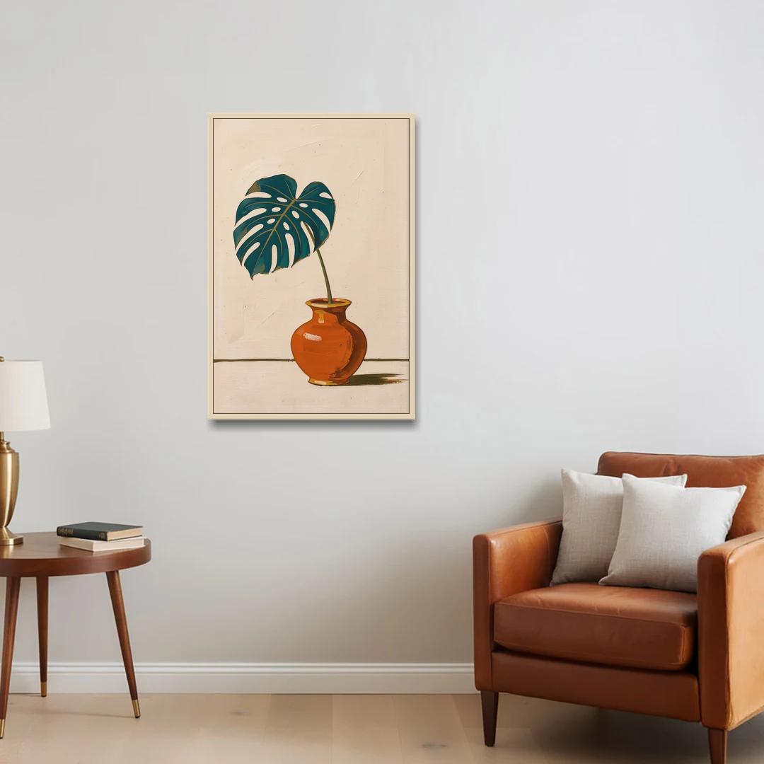 Retro Botanical Prints Monstera Leaf in a Clay Vase - Oak Framed Canvas Wall Art - Sofa - 24x36