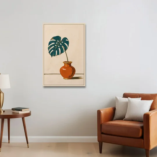 Retro Botanical Prints Monstera Leaf in a Clay Vase - Oak Framed Canvas Wall Art - Sofa - 24x36