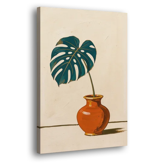 Retro Botanical Prints Monstera Leaf in a Clay Vase - Canvas Wall Art - Side