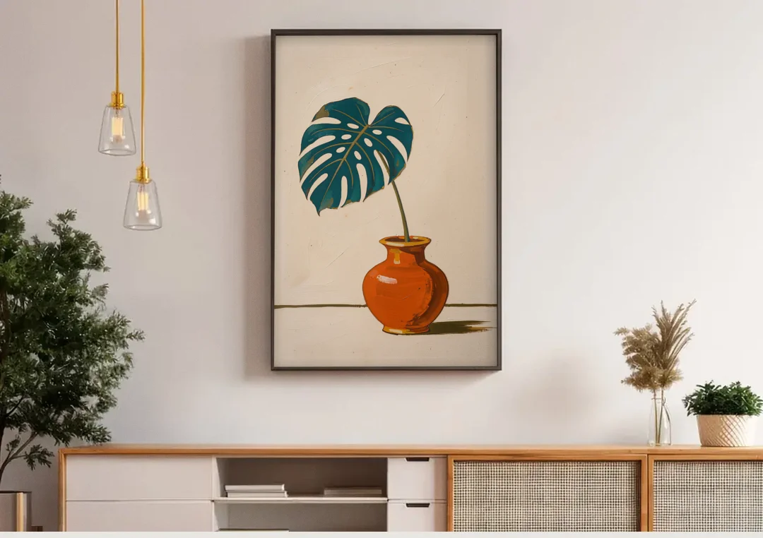 Retro Botanical Prints Monstera Leaf in a Clay Vase canvas wall art above a wooden sideboard under pendant lights