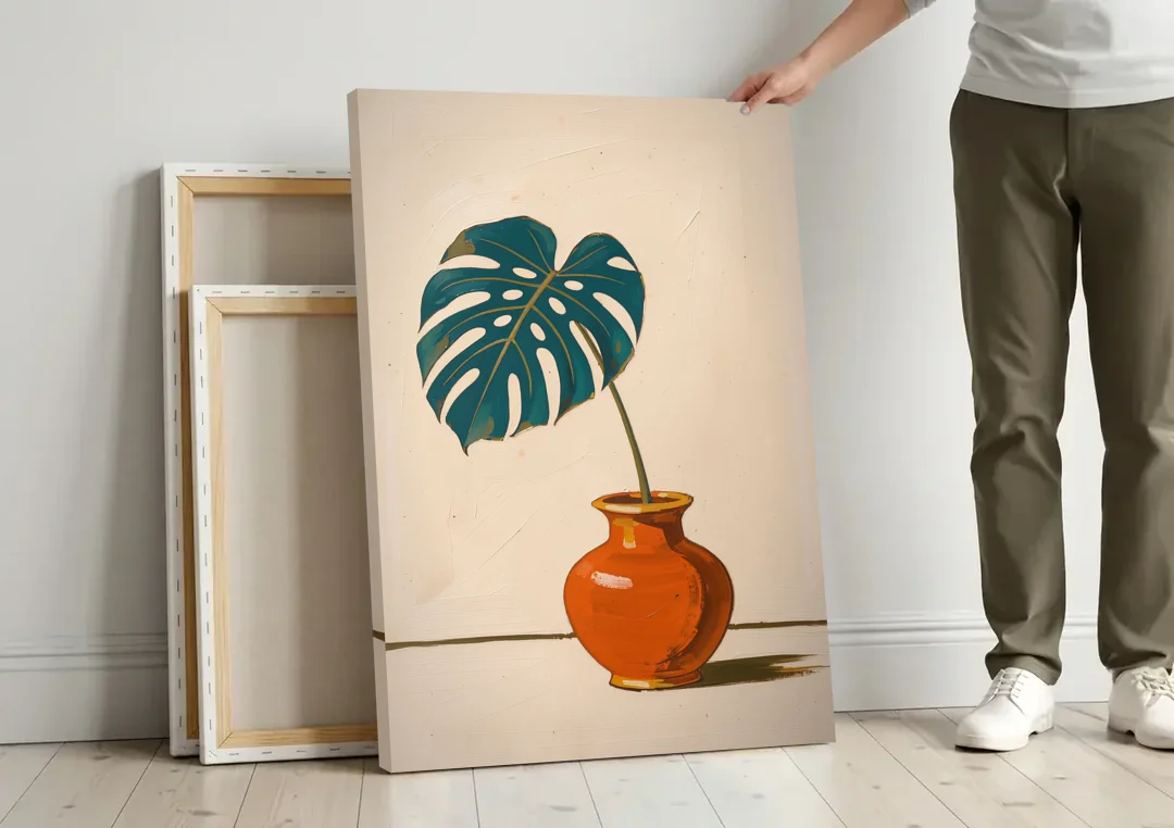 Retro Botanical Prints Monstera Leaf in a Clay Vase canvas wall art leaning against a wall next to blank canvases