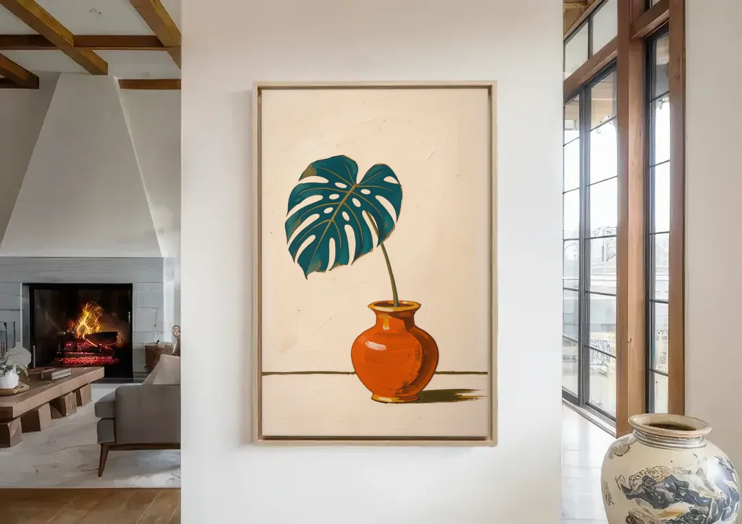 Retro Botanical Prints Monstera Leaf in a Clay Vase canvas wall art in a living room with a fireplace