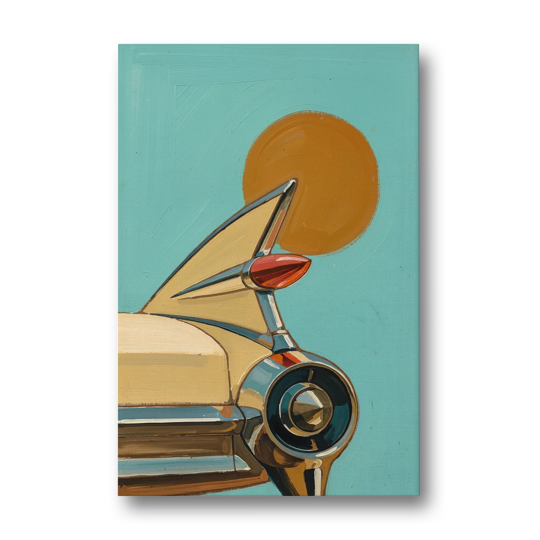 Retro Car Wall Art with Tailfin and Orange Sun - Canvas Wall Art - Front
