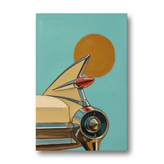 Retro Car Wall Art with Tailfin and Orange Sun - Canvas Wall Art - Front