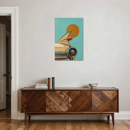 Retro Car Wall Art with Tailfin and Orange Sun - Canvas Wall Art - Coffee Table - 24x36