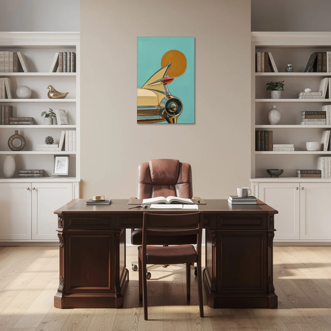 Retro Car Wall Art with Tailfin and Orange Sun - Canvas Wall Art - Office - 24x36