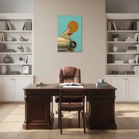 Retro Car Wall Art with Tailfin and Orange Sun - Canvas Wall Art - Office - 24x36