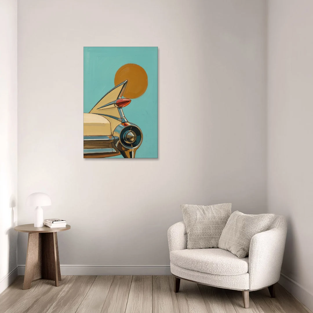 Retro Car Wall Art with Tailfin and Orange Sun - Canvas Wall Art - Sofa - 24x36