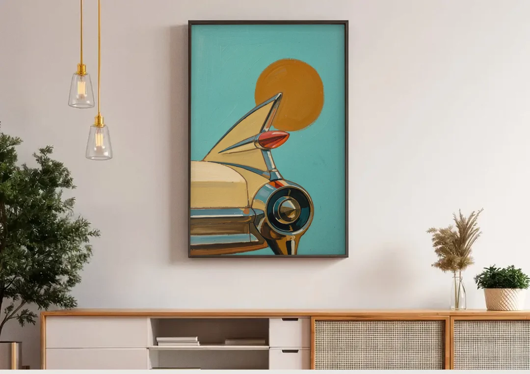 Retro Car Wall Art with Tailfin and Orange Sun canvas wall art above a wooden sideboard under pendant lights