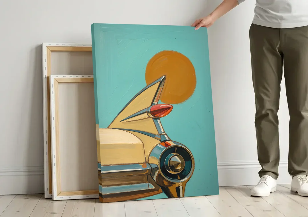 Retro Car Wall Art with Tailfin and Orange Sun canvas wall art leaning against a wall next to blank canvases
