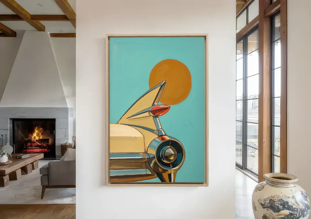 Retro Car Wall Art with Tailfin and Orange Sun canvas wall art in a living room with a fireplace
