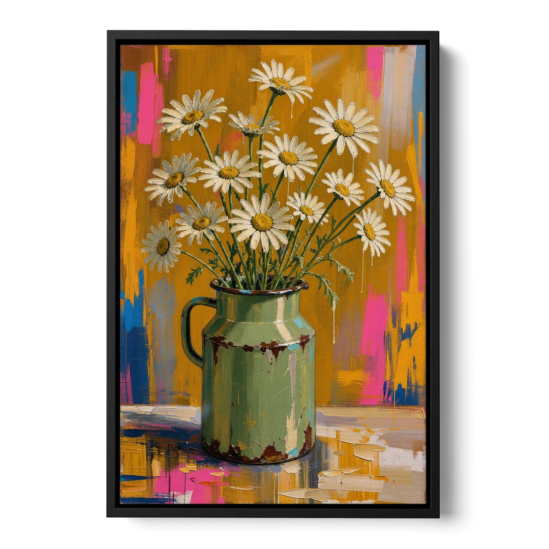 Retro Daisies in a Chipped Milk Jug for the Kitchen - Black Framed Canvas Wall Art - Front