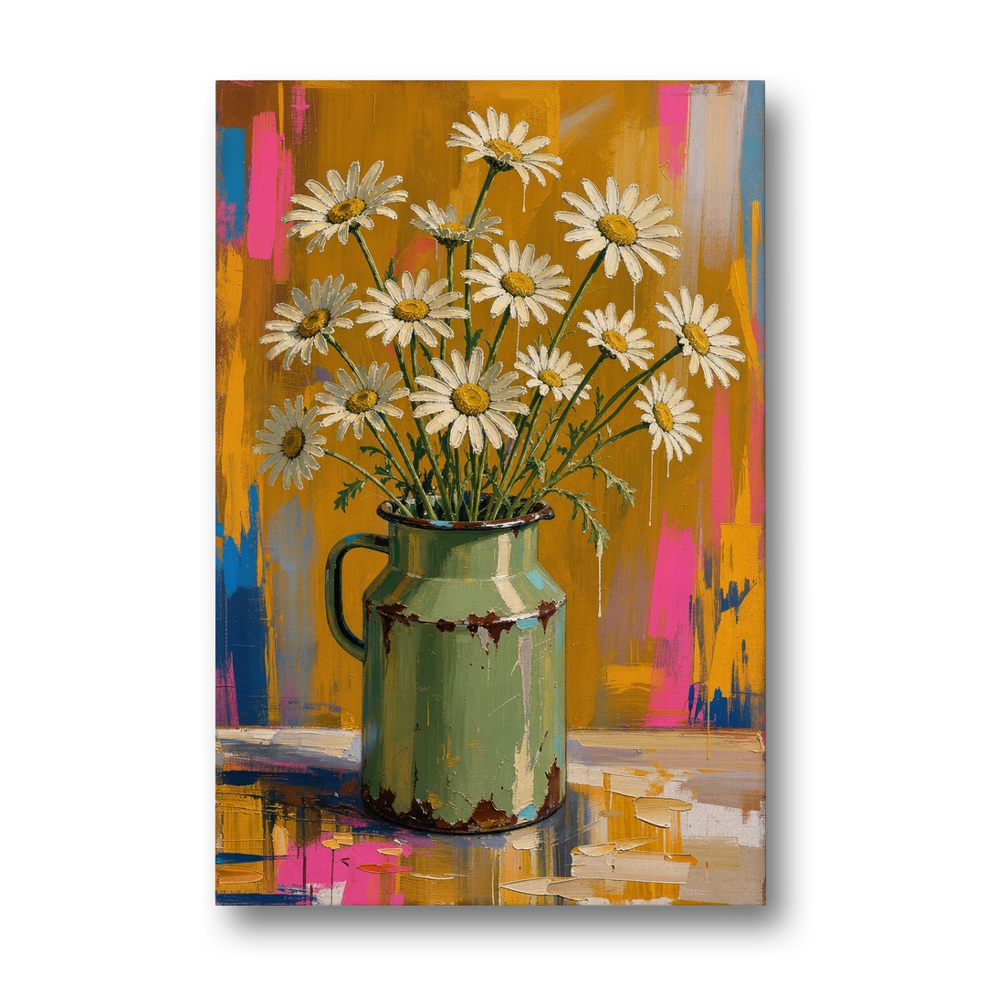 Retro Daisies in a Chipped Milk Jug for the Kitchen - Canvas Wall Art - Front