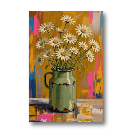 Retro Daisies in a Chipped Milk Jug for the Kitchen - Canvas Wall Art - Front