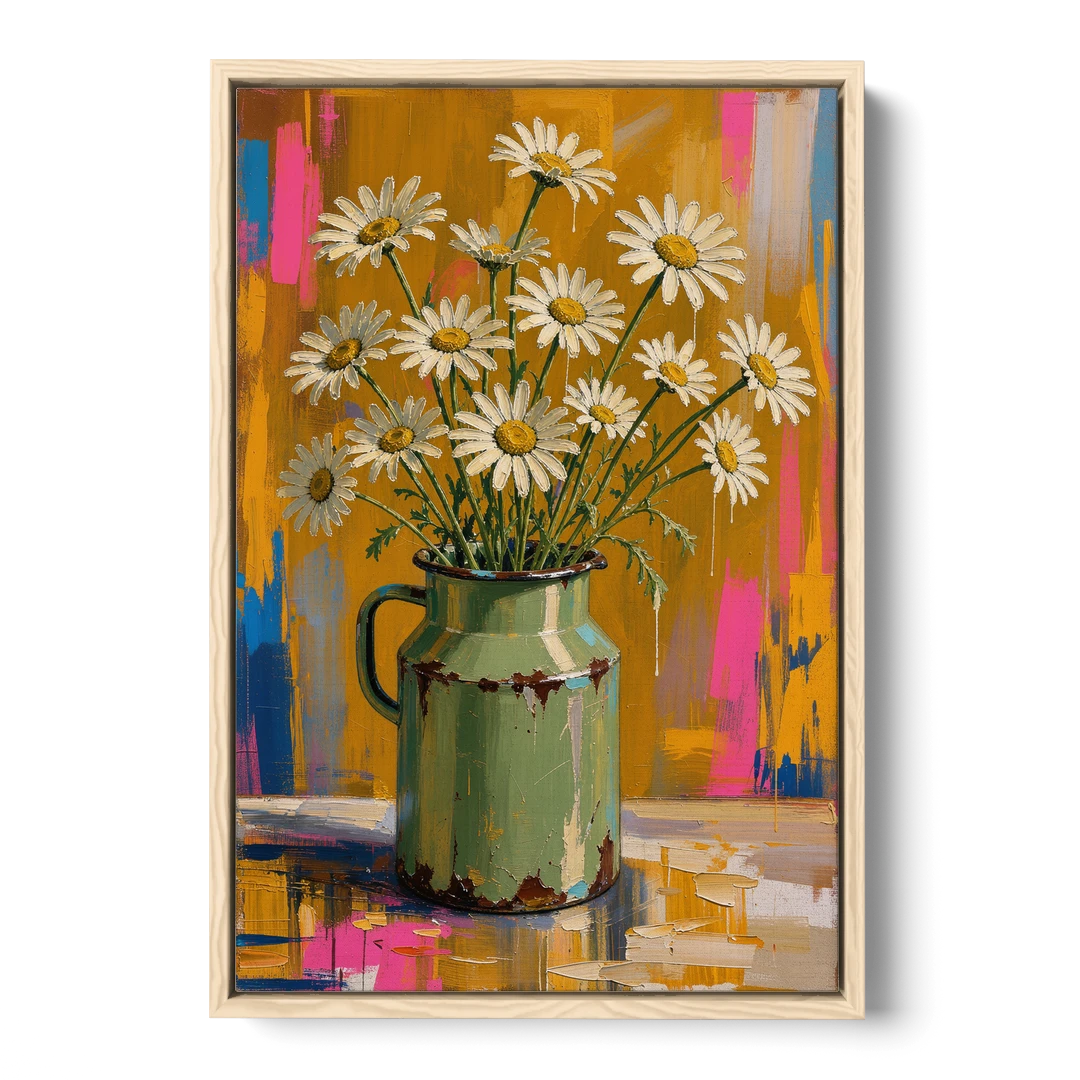 Retro Daisies in a Chipped Milk Jug for the Kitchen - Oak Framed Canvas Wall Art - Front
