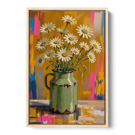 Retro Daisies in a Chipped Milk Jug for the Kitchen - Oak Framed Canvas Wall Art - Front