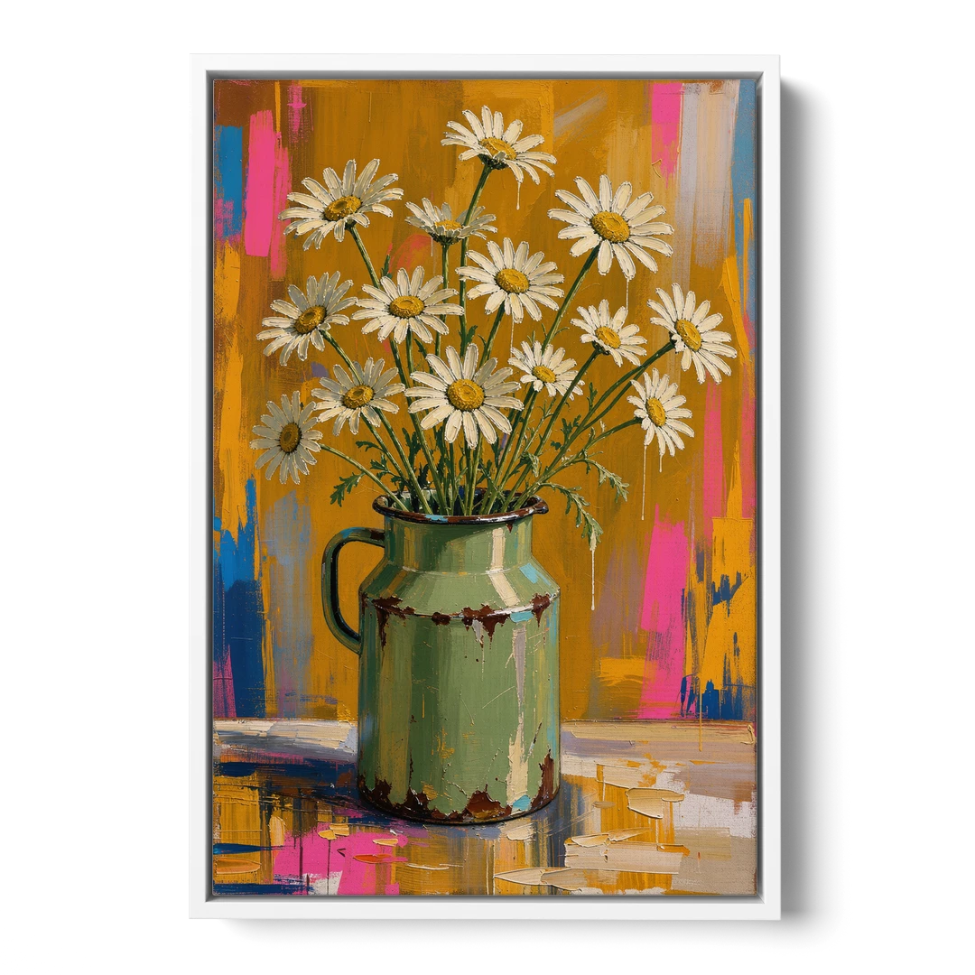 Retro Daisies in a Chipped Milk Jug for the Kitchen - White Framed Canvas Wall Art - Front