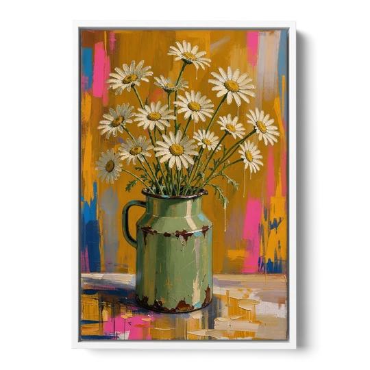 Retro Daisies in a Chipped Milk Jug for the Kitchen - White Framed Canvas Wall Art - Front