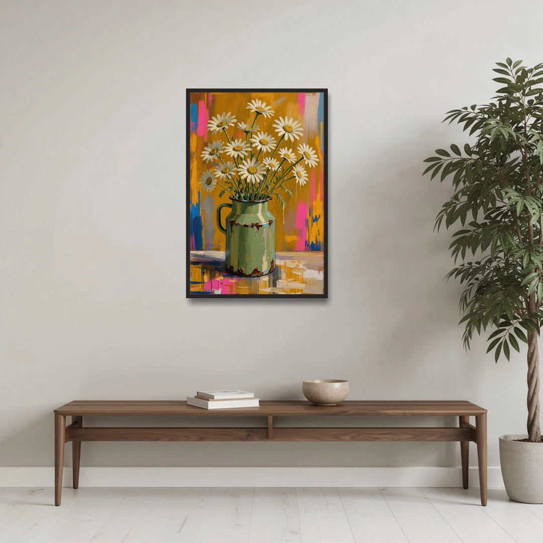 Retro Daisies in a Chipped Milk Jug for the Kitchen - Black Framed Canvas Wall Art - Coffee Table - 24x36