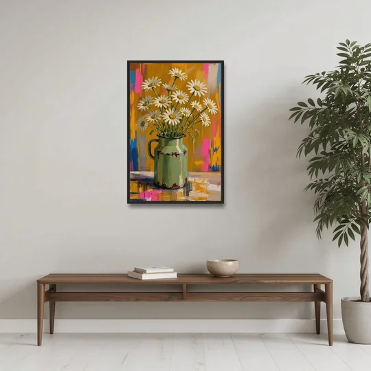 Retro Daisies in a Chipped Milk Jug for the Kitchen - Black Framed Canvas Wall Art - Coffee Table - 24x36