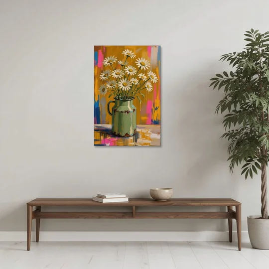 Retro Daisies in a Chipped Milk Jug for the Kitchen - Canvas Wall Art - Coffee Table - 24x36