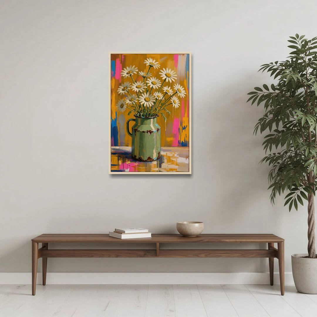 Retro Daisies in a Chipped Milk Jug for the Kitchen - Oak Framed Canvas Wall Art - Coffee Table - 24x36