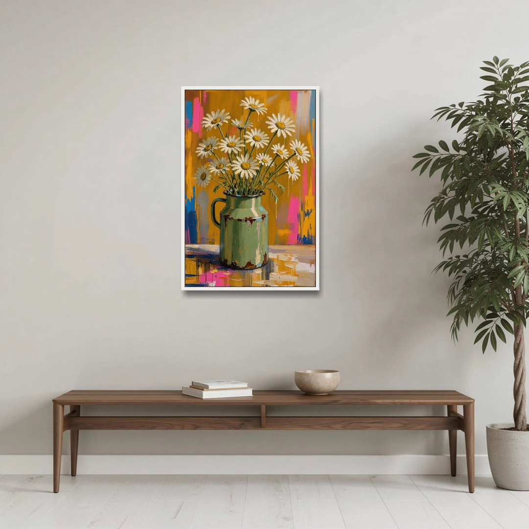 Retro Daisies in a Chipped Milk Jug for the Kitchen - White Framed Canvas Wall Art - Coffee Table - 24x36