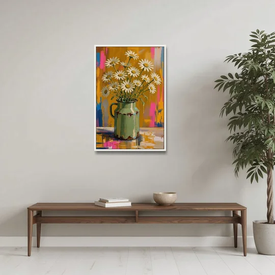 Retro Daisies in a Chipped Milk Jug for the Kitchen - White Framed Canvas Wall Art - Coffee Table - 24x36