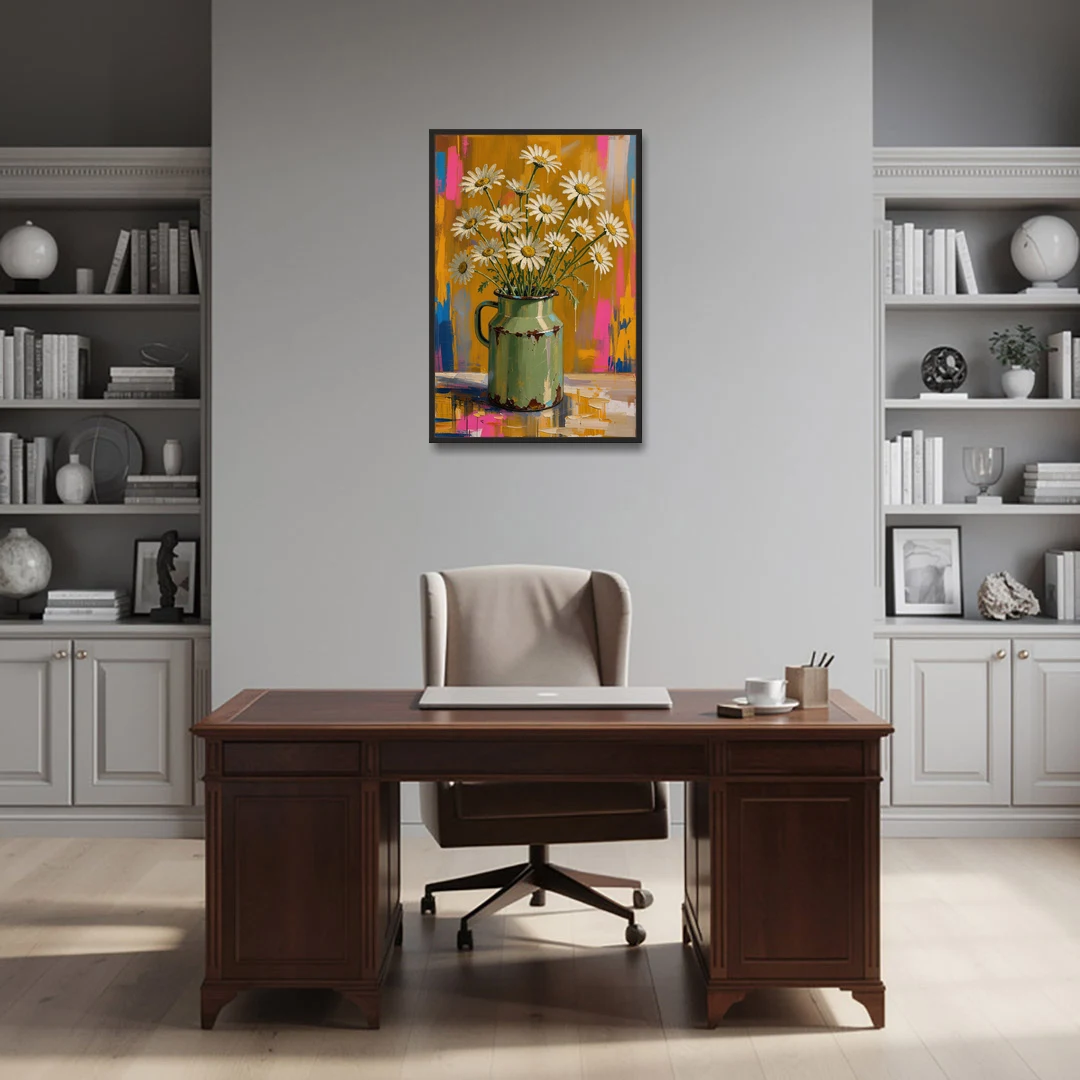 Retro Daisies in a Chipped Milk Jug for the Kitchen - Black Framed Canvas Wall Art - Office - 24x36