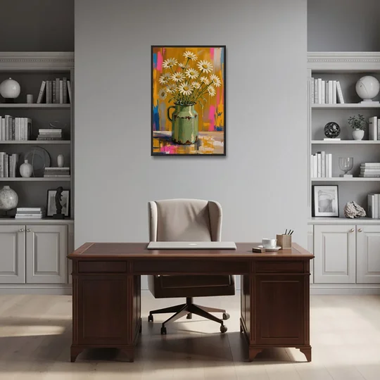Retro Daisies in a Chipped Milk Jug for the Kitchen - Black Framed Canvas Wall Art - Office - 24x36
